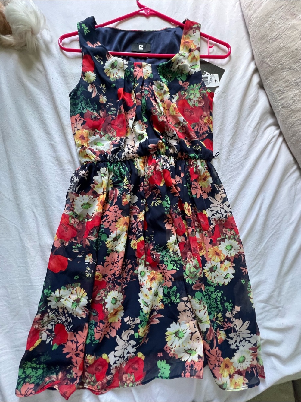 Iz Byer Navy Floral Midi Dress XS with Red, White & Green Accents